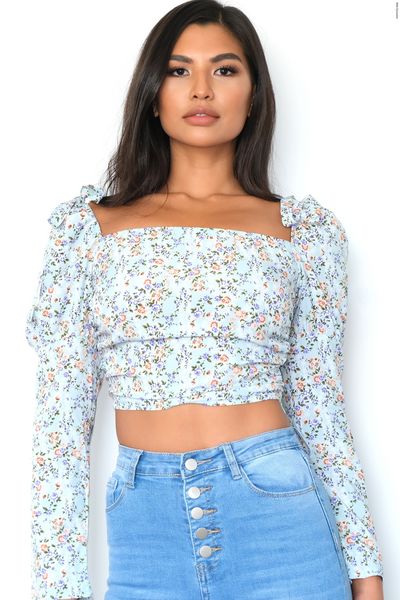Mint Floral Puff sleeve Crop Top